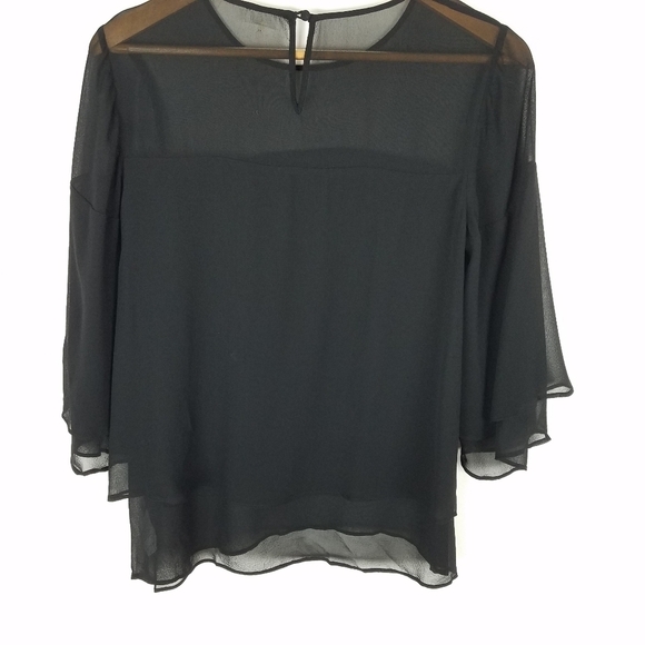 ECRU 100% Silk Chiffon Black Ruffle Layered Blouse XS - Picture 3 of 11